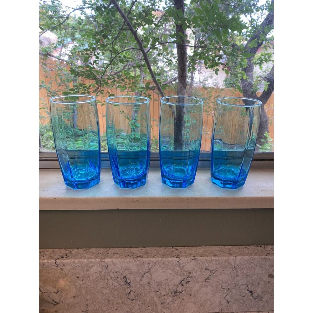 Vintage Set of 4 Cristar Amadeus Sky Blue Octagon Tumblers Blue Glasses 16 oz - Picture 8 of 9